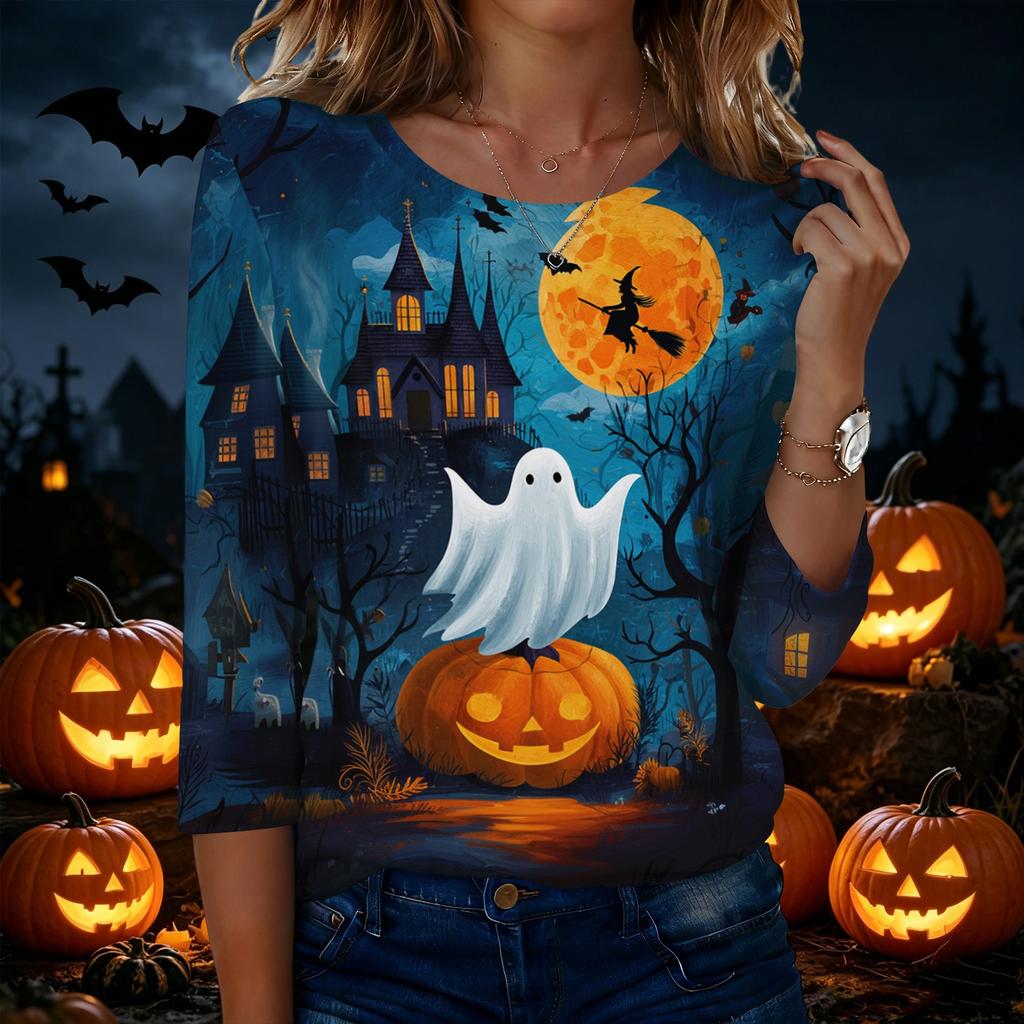 Women's Casual Halloween Print Round Neck Three Quarter Sleeve T Shirt Top Lightweight Comfortable Fit for Fall and Seasonal Wear