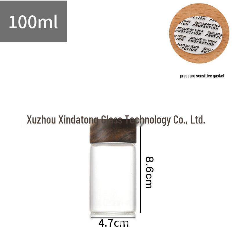 Acacia Wood Lid Borosilicate Glass Canister for Tea, Agarwood Bracelet Display, or Medicine Powder Storage.