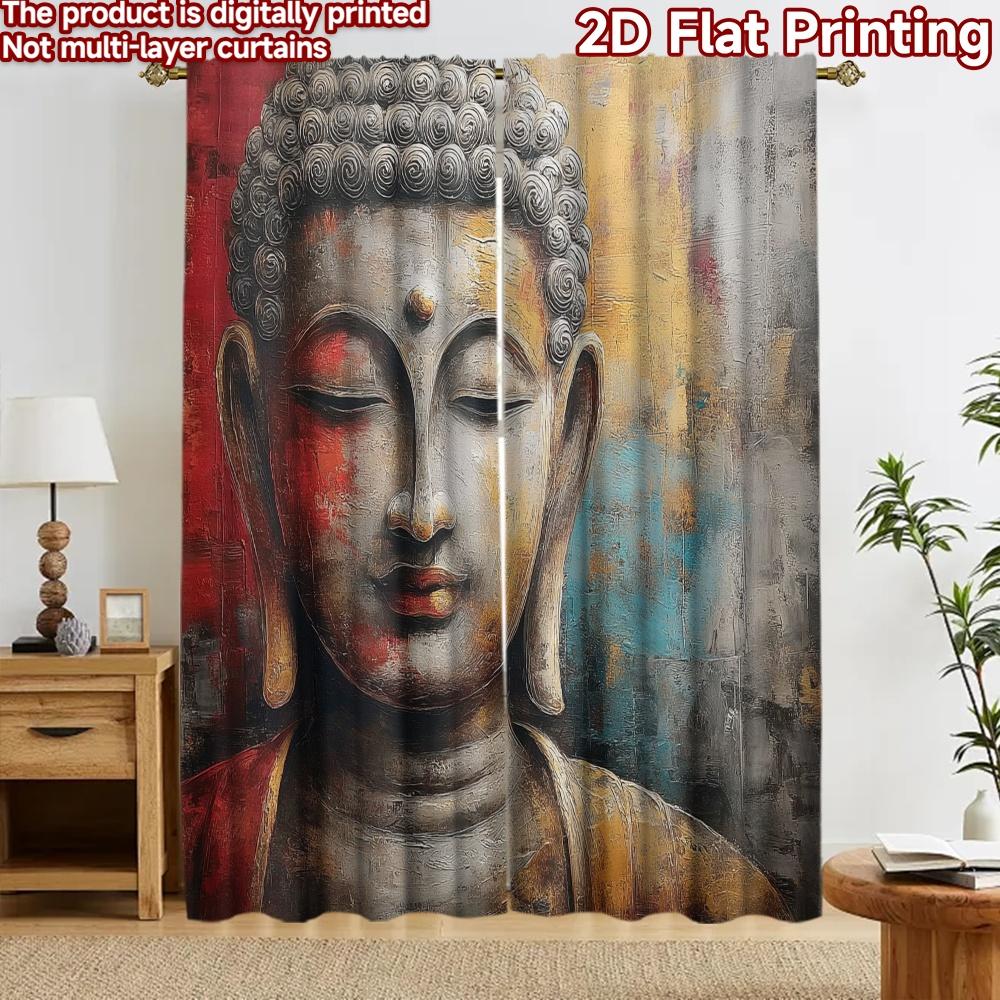 2D Flachdruck 2 Stück Vorhang Party Fenster Vorhänge Buddha mit buntem Hintergrund Digital Bedruckt Polyester Vorhänge Festlich