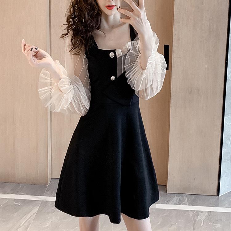 French Retro A-line Black Dress with Mesh Splicing & Long Sleeves