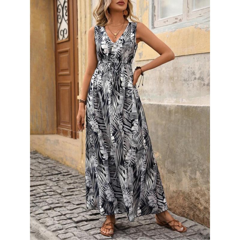 

Women s Tropical Leaf Print Sleeveless Maxi Dress V-Neck Drawstring Waist S