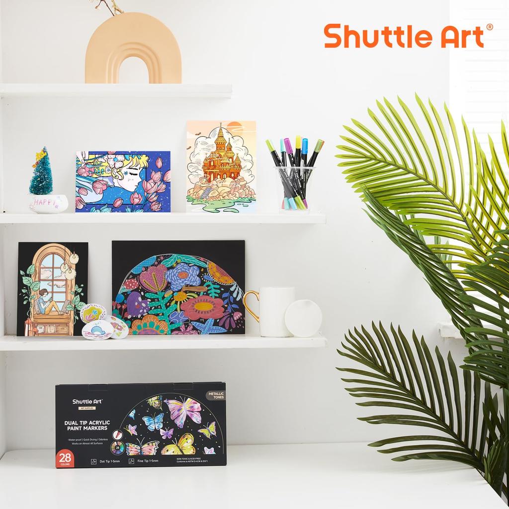 Shuttle Art Akrylowy Metaliczny Długopis Dwustronny z Końcówką Dot i Pędzel 28 Brokatowych Farb Akrylowych do Pisania i Ręcznie Robionych Prezentów Artystycznych Markery, Kolory, Końcówka, Zestaw,