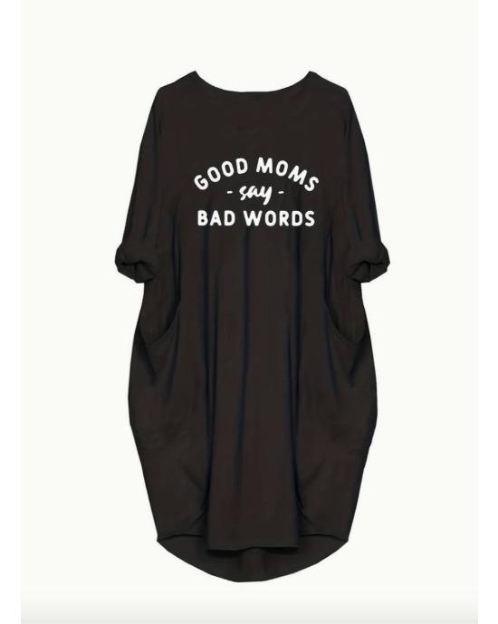 

Plus Size Casual Dress, Women s Plus Letter Print Long Sleeve Round Neck Baggy Loose Dress 1XL чёрный