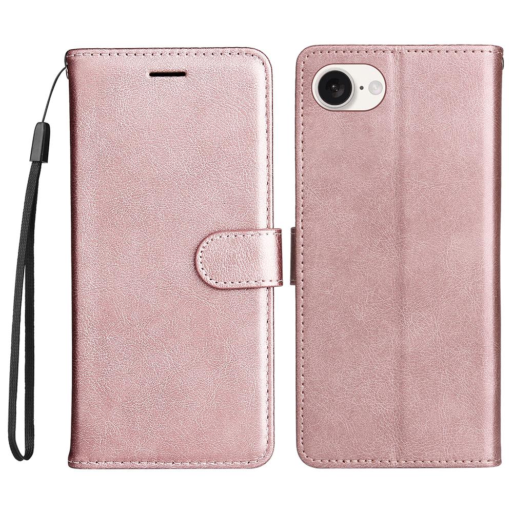 For iPhone 16e Case Solid Color Leather Mobile Cover Wallet Stand with Strap