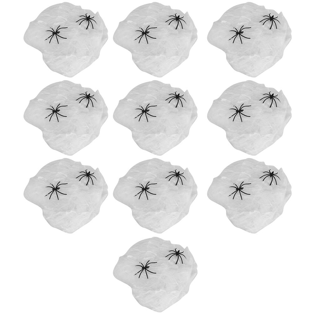 10Bags Spiders Webs Cobweb Halloween Decorations Bar Haunted House KTV Scene Props(White 2 Fake Spiders )