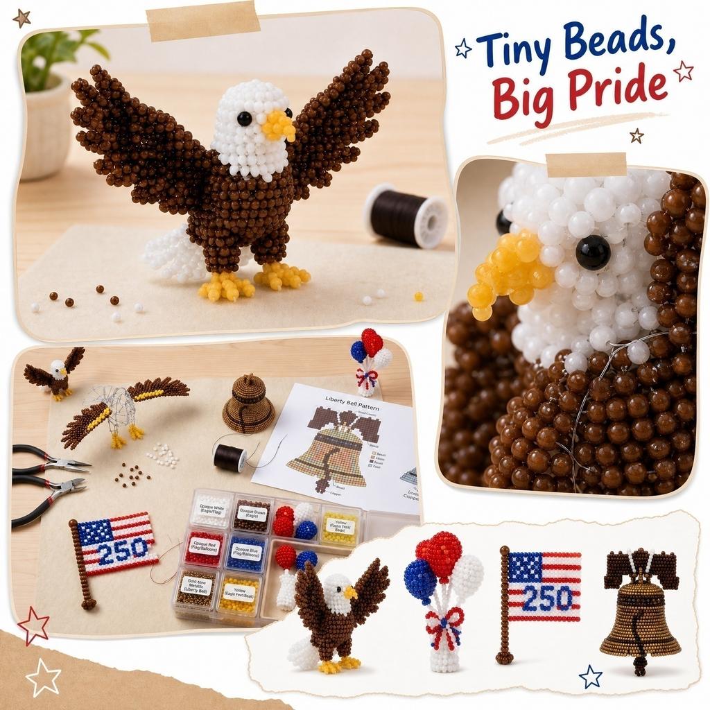 3D Beaded Animal Craft Kit DIY Bead Art Set Includes Eagle Flag Liberty Bell Balloon Designs for Creative Assembly and Display