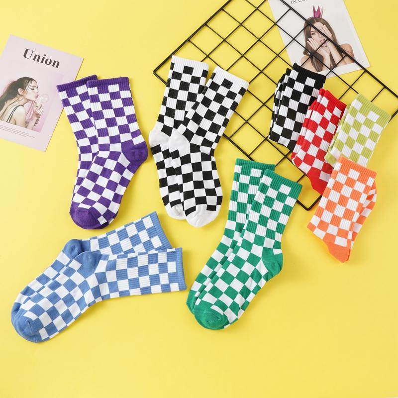3 Paires Femmes Chaussettes en Coton Respirantes Mi-Mollet Mode Drôle Noir Blanc Carreaux Plaid Chaussettes Décontractées
