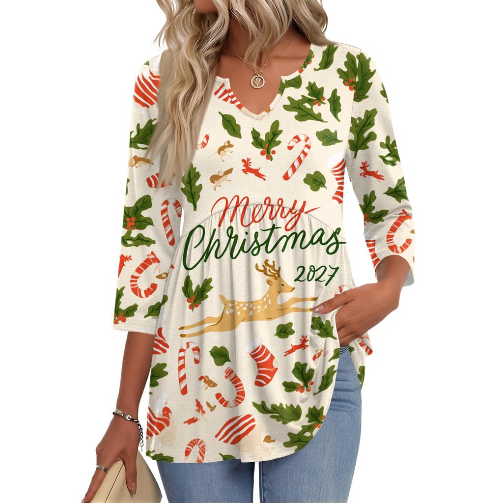 Women's Christmas Print V-Neck Three-Quarter Sleeve Casual Shirt for Holiday