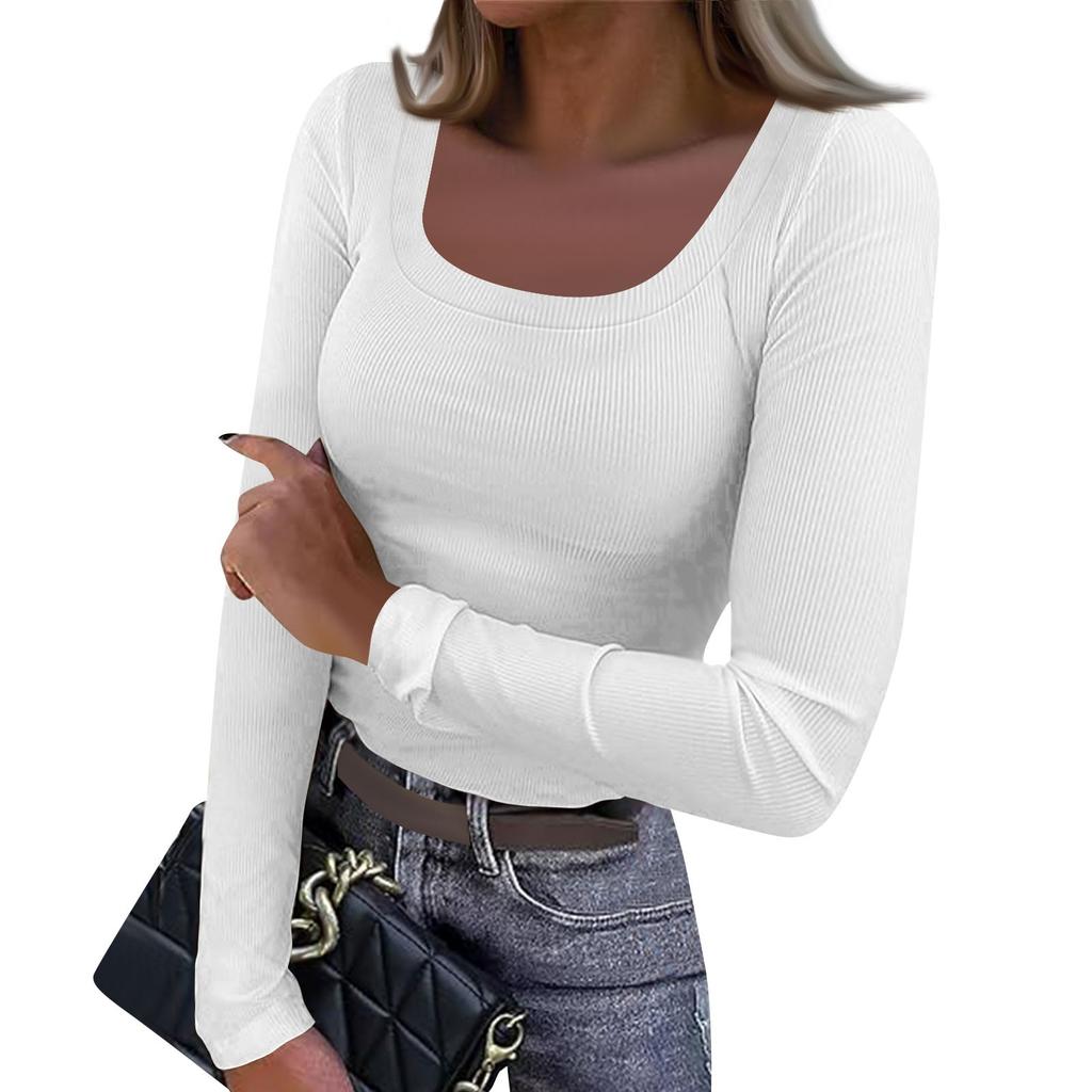 Women's  And Winter Slim Bottom T-shirt Fashion Casual Solid Color Square Neck Pullover Long Sleeve Top