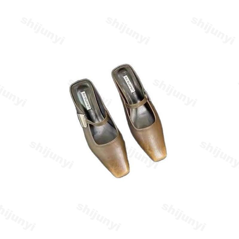 Fashion Women Slippers Mules Designer Sandals 2025 New Dress Square-toe Leather Slides 2025 Summer Slingback Buckle Sandalias De Mujer