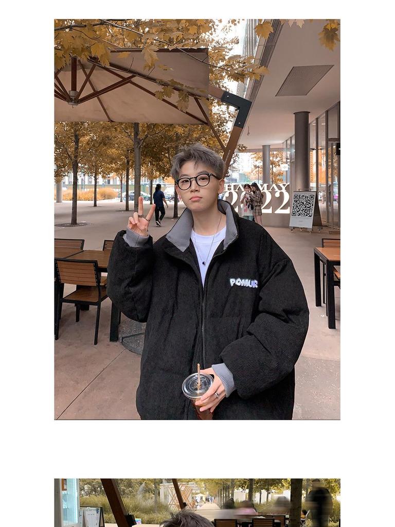 Men's Retro Corduroy Stand Collar Jacket, Autumn/Winter, Thickened with Letter Patch, Color Melange, Cotton Padded Outerwear.