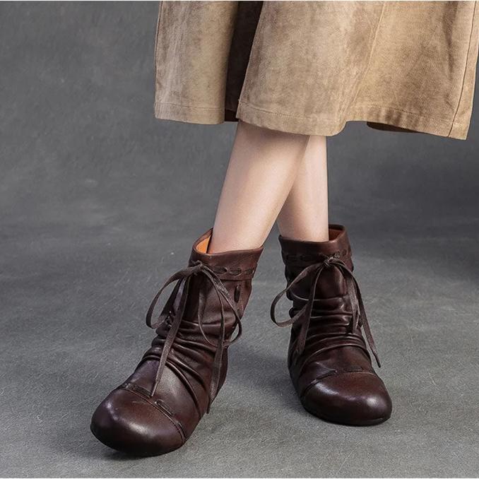 Johnature Genuine Leather Pleated Round Toe Short Boots Retro Soft Soled Versatile Women's Shoes