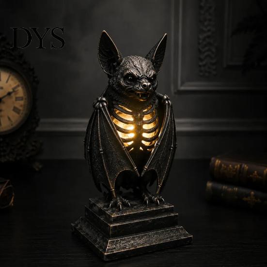Dark Punk Room Decor Gothic Halloween Table Lamp, Spooky Raven Bat Skeleton Vintage Unique Gifts for Goth Lovers Resin LED Night Light Party, Tabletop