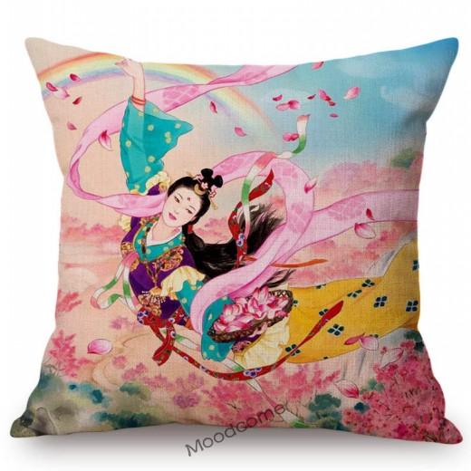 Beautiful Pretty Japanese Geisha Cartoon Traditional Kimono Girl Floral Cotton Linen Sofa Pillow Case Home Decor Cushion Cover