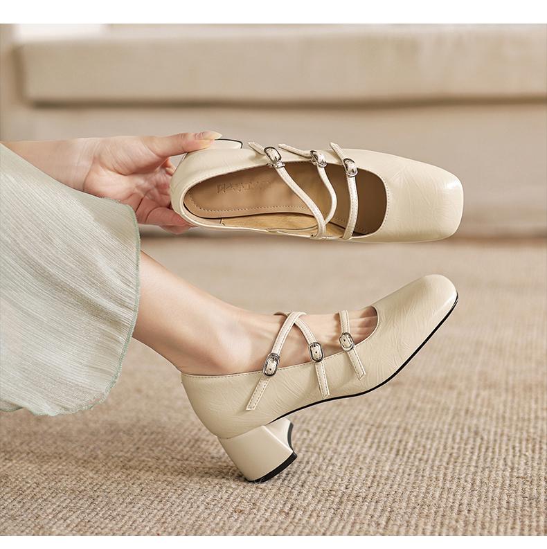 Sheepskin new high-heeled single shoe cross with square toe French silver Mary Jane shoes 5CM