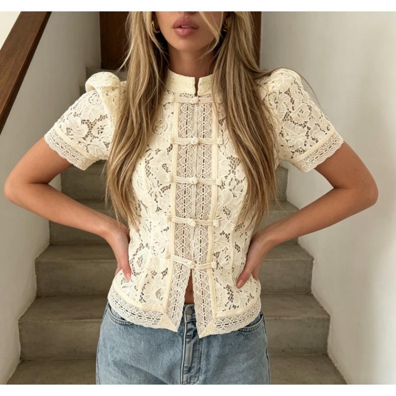 Women Spring Summer New Lace Crochet Stand Collar Slim Fit Blouse Stylish Elegant Commuter Design Shirt