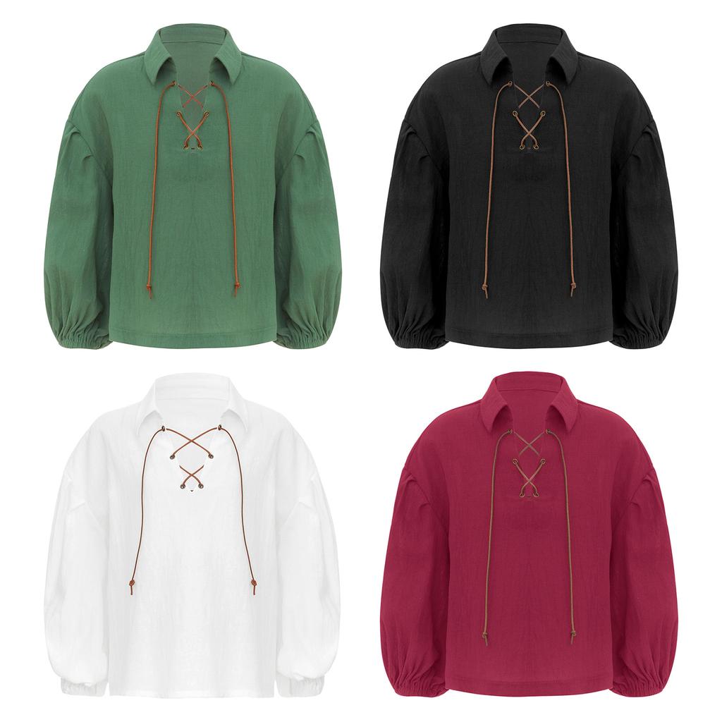 Boys Medieval Pirate Shirt Viking Renaissance Lace Up Top Mercenary Halloween Role Play Costume Attire