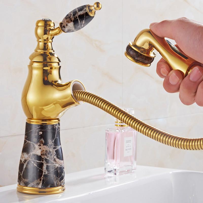 Rubinetto da Bagno Tuqiu Ottone Antico Giada Rubinetto per Lavabo da Bagno Miscelatore Acqua Calda e Fredda Rubinetto per Lavabo Montaggio a Ponte Rubinetto Estraibile