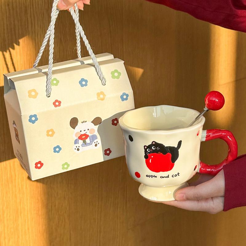 Cute cat apple ceramic mug as a gift, couple drinking cup for girls' birthday gift gift gift box