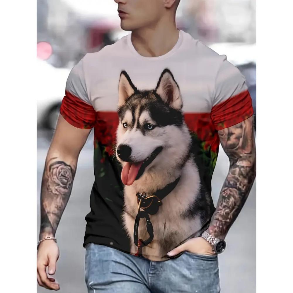 Men's Husky Print T-Shirt Casual Short Sleeve Breathable Round Neck Tshirts For Men Funny Animal Dog Graphic T Shirts Tops