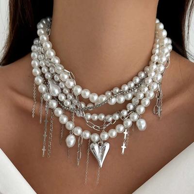 Salircon Exquisite Luxury Multilayer Imitation Pearl Tassel Choker Necklace for Women New Heart Pendant Necklace Wedding Jewelry