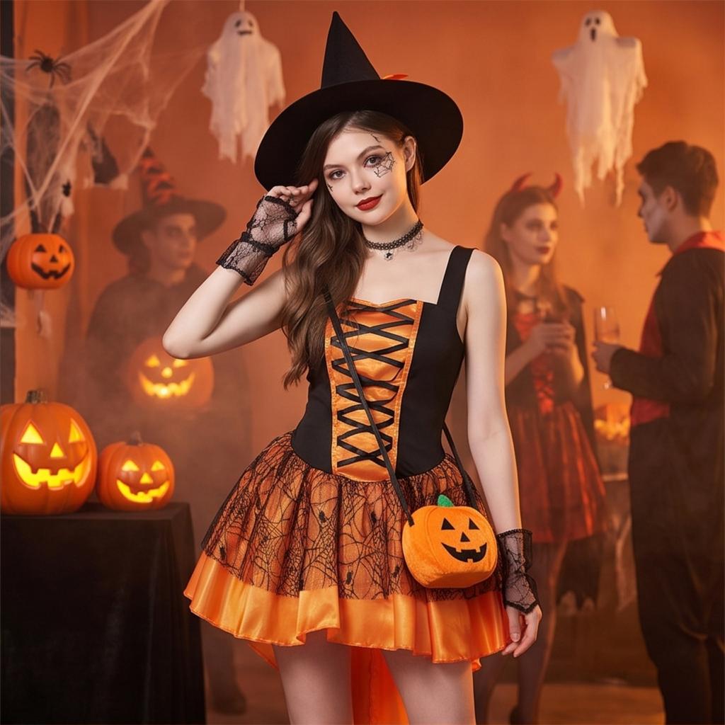 Women's Halloween Witch Costume Spaghetti Strap Dress with Hat and Bracelet Set