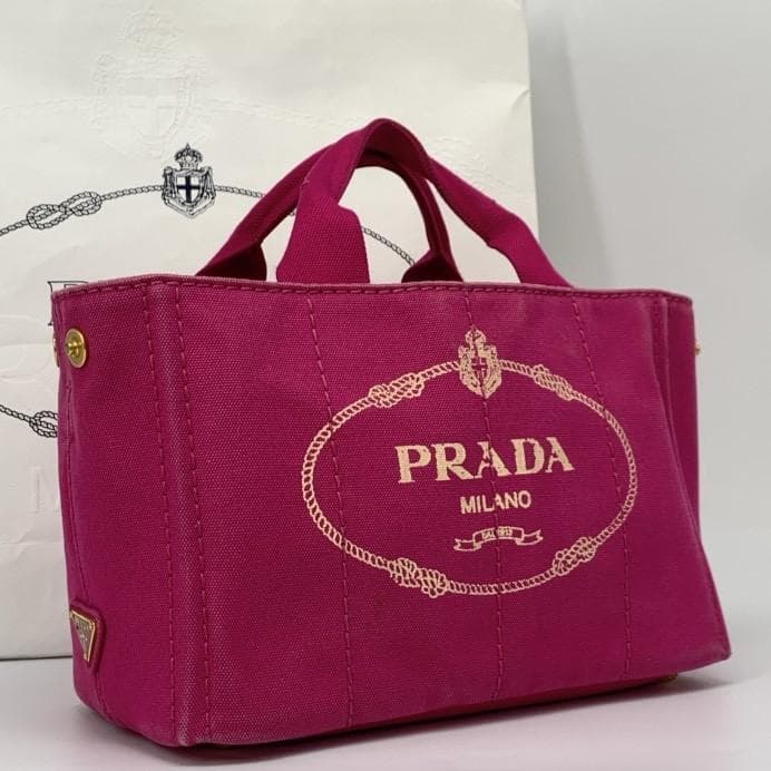 PRADA Canapa Mini Handbag Tote Shoulder Bag Canvas 2WAY Pink Logo Jacquard Women's