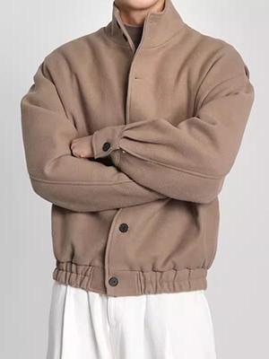 Men's British Style Loose Casual Wool Blend Stand-Up Collar Jacket for Autumn and Winter
