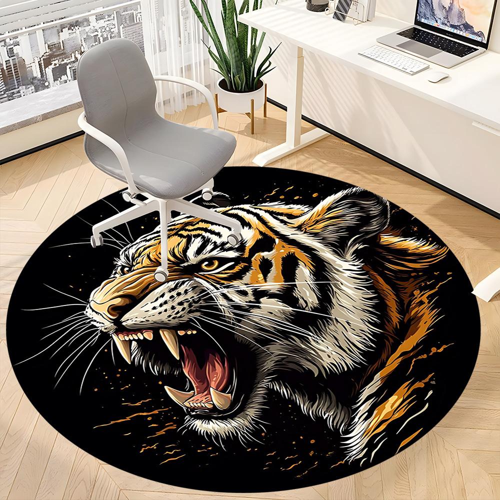 1pc Tiger Roar Print Carpet, Round Non Slip Durable Large Size Office Carpet, Suitable for Office