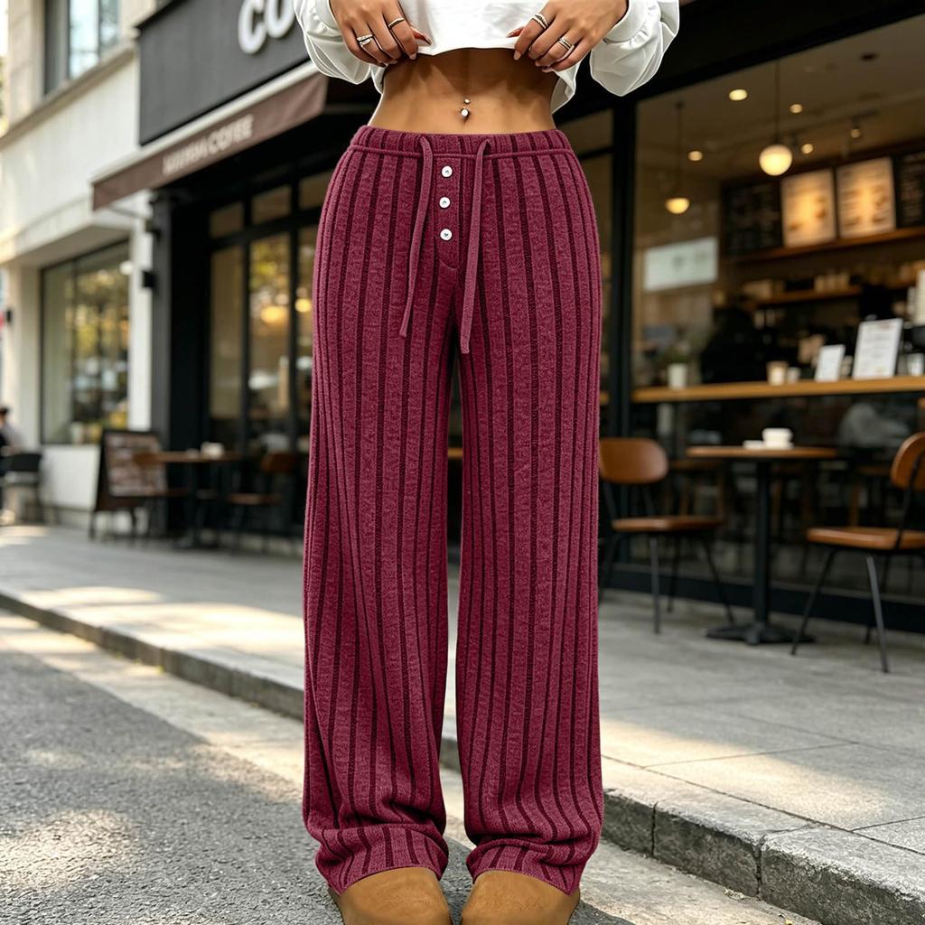 Women's Casual Wide Leg Ribbed Knit Pants, Loose Fit Trousers for Everyday