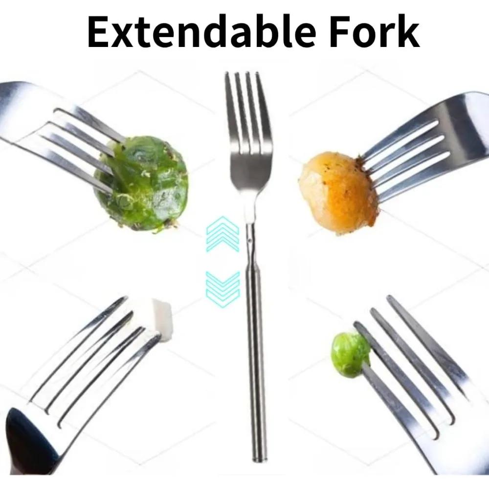 Extendable Fork Telescopic Dinner Fruit Dessert Long Cutlery Forks Barbecue Meat Fork Kitchen Accessories Tools Silver Stainless