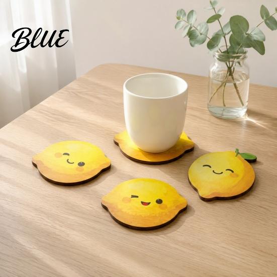 Summer Style Table Decor 4PCS Cute Lemon Shape Wooden Coasters, Non-slip Heat Insulation Pads, Non Slip Cup Mats Decorative Tableware for Kitchen