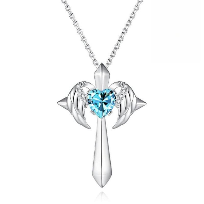 Colier Nou cu Pandantiv Cruce Aripă de Înger, Modă Femei, Colier cu Piatră Natală în Formă de Inimă, Cadou