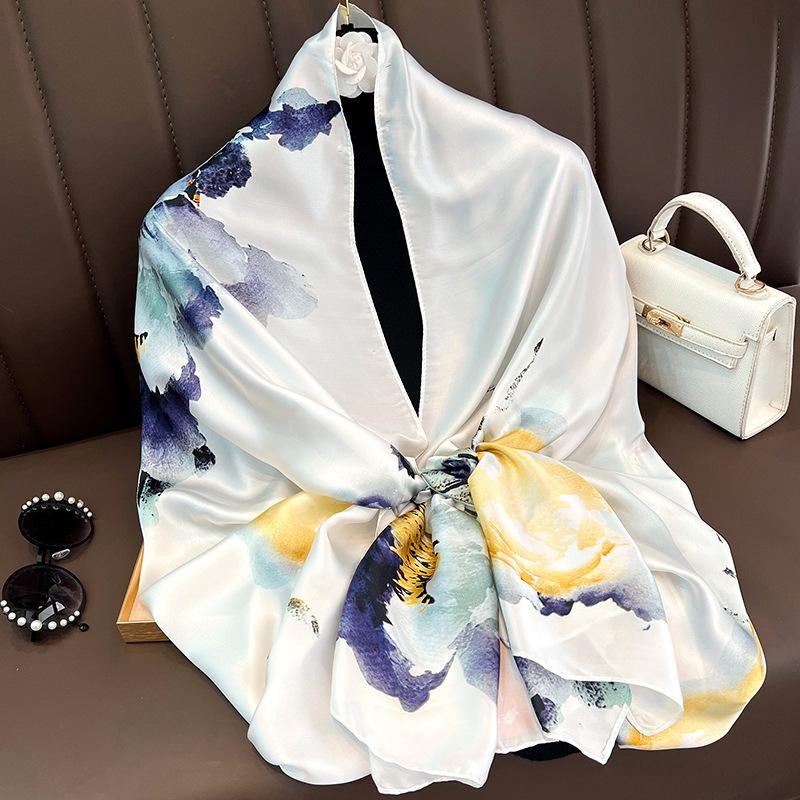 Ink and Wash Danqing High-grade Silk Scarf, Sunscreen Extended Printing Imitation Silk Scarf, Women's Long Silk Scarf, Beach Scarf