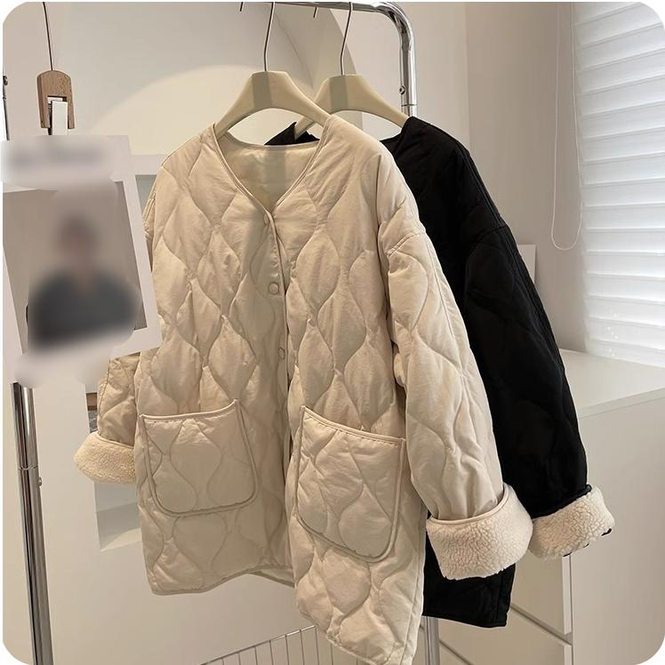 Rhombic Small Fragrance Cotton Jacket Women's Winter Loose Lamb Wool Jacket Women's Plus Velvet Thickening