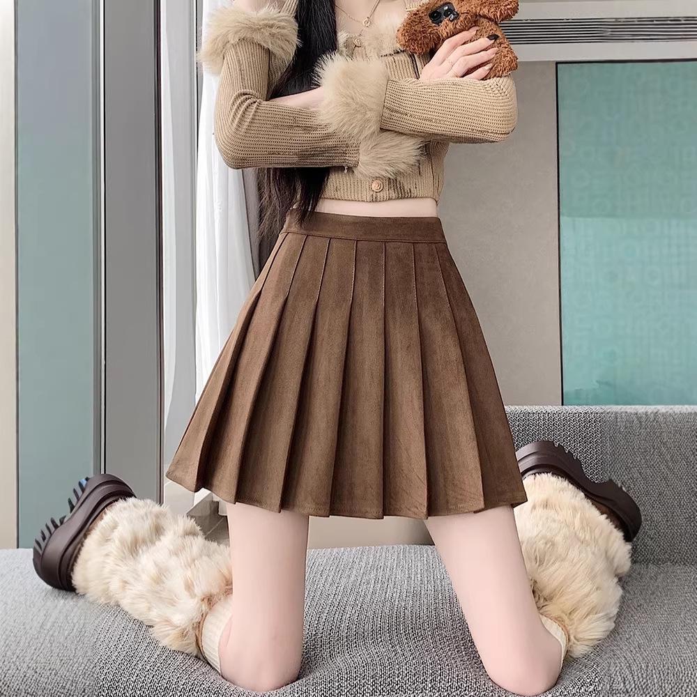 Versatile A-Line Pleated Midi Skirt with Lining - Slimming Retro Brown for Petite and Plus Size Figures L коричневый