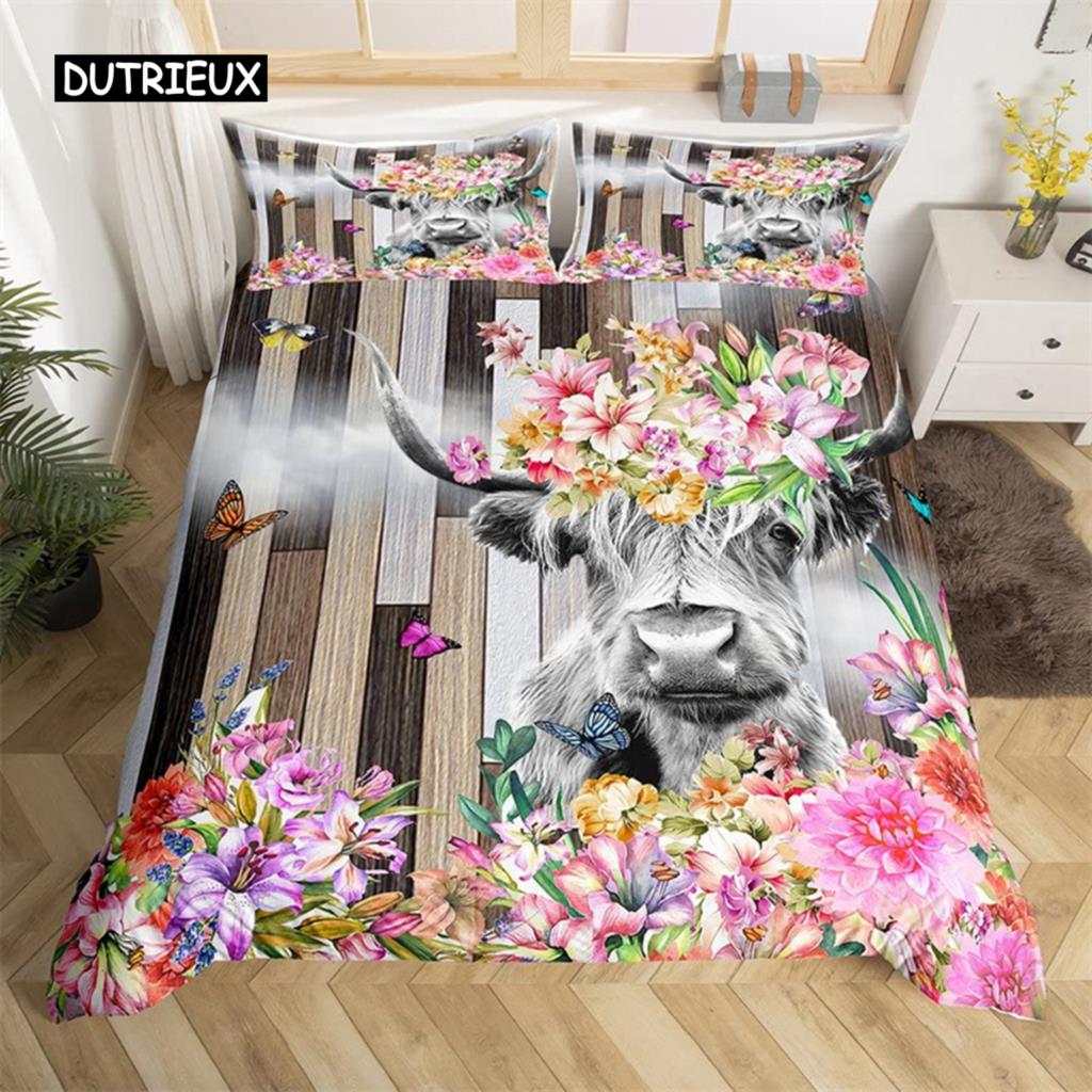 Highland Cow Bedding Set Polyester Bull Cattle Flowers Quilt Cover Western Wild Animal Duvet Cover Farmhouse Cow Bedspread Cover