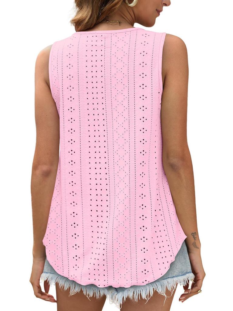European & American Women's Summer Crew Neck Eyelet Sleeveless Tank Top T-Shirt