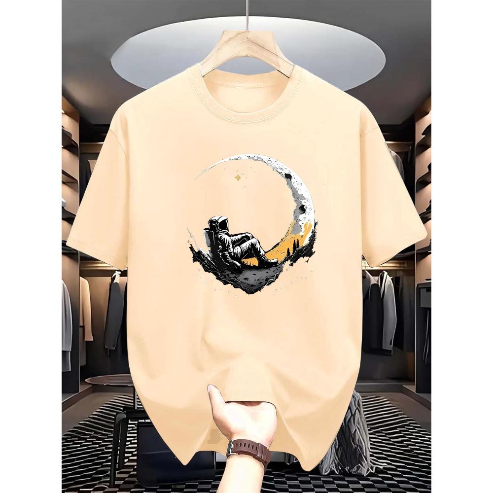 Camiseta Casual de Manga Corta para Hombre de Algodón 100% Puro, Corte Holgado, Estampado de Astronauta Iniciando Sesión y Luna, Cómoda, Cuello Redondo