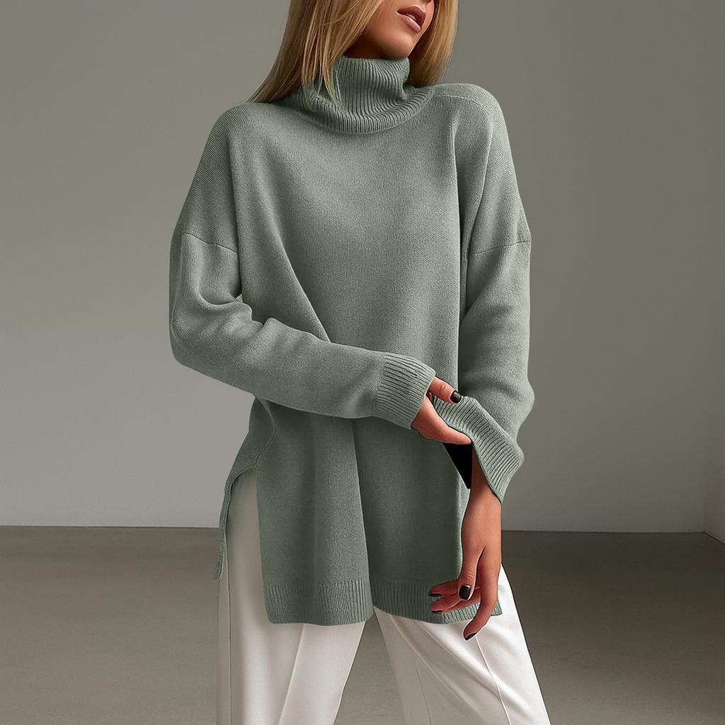 Women's Fashion Casual Solid High Collar Hem Split Long Sleeve Sweater Top
