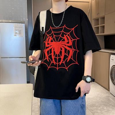 Men's 2024 Summer Spider-Man Embroidered Retro T-Shirt, 220g Cotton, Five-Point Sleeve