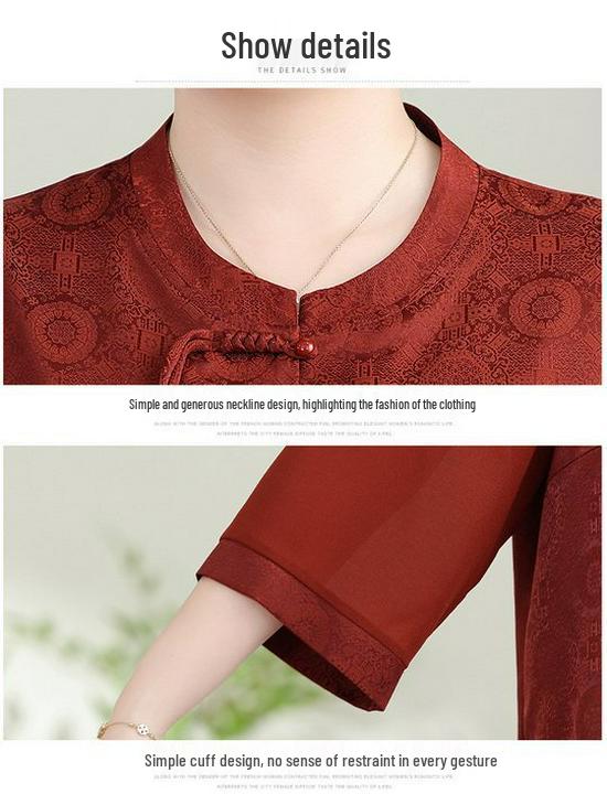 Chinese Style Plus Size Summer Set: 7-Sleeve Top & Wide-Leg Pants for Middle-Aged and Elderly Women