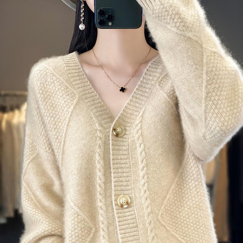 2023 Solid V-Neck Loose Knit Cardigan - Long Sleeve Top for Spring and Autumn