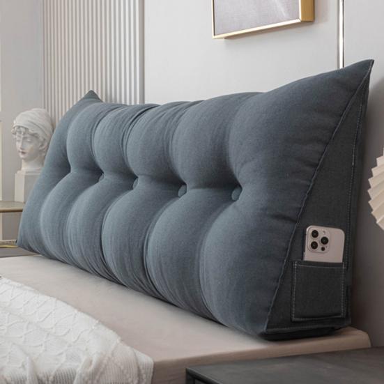 Headboard Pillow with Side Pocket Linen Triangular Headboard Wedge Cushion Bed Bolster Cushion for Shoulder Back Waist Support Dorm Home Bedroom