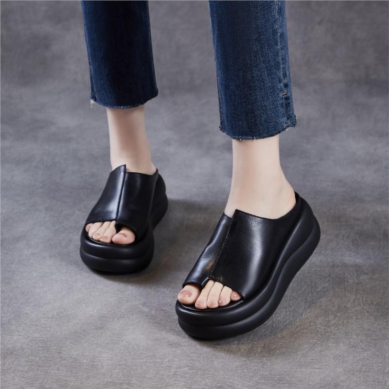 Johnature Ciabatte Zeppa Donna Suola Spessa Vera Pelle Comode Retro Sandali da Esterno