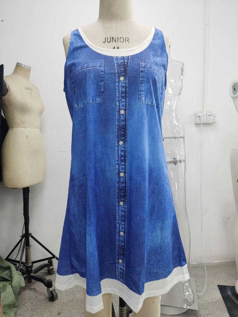 Women's Loose-Fit Digital Print Faux Denim Two-Piece Dress