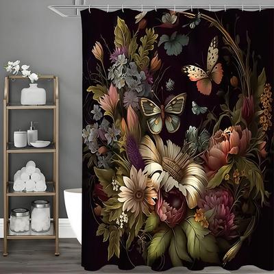Schmetterling Blume Duschvorhang, Badezimmer Dekorativer Duschvorhang, Wasserdichter Duschvorhang mit Haken