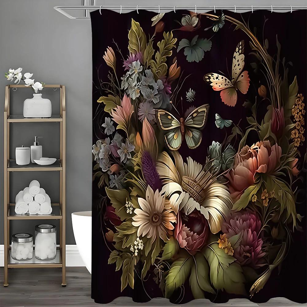 Butterfly Flower Shower Curtain, Bathroom Decorative Shower Curtain, Waterproof Shower Curtain with Hooks