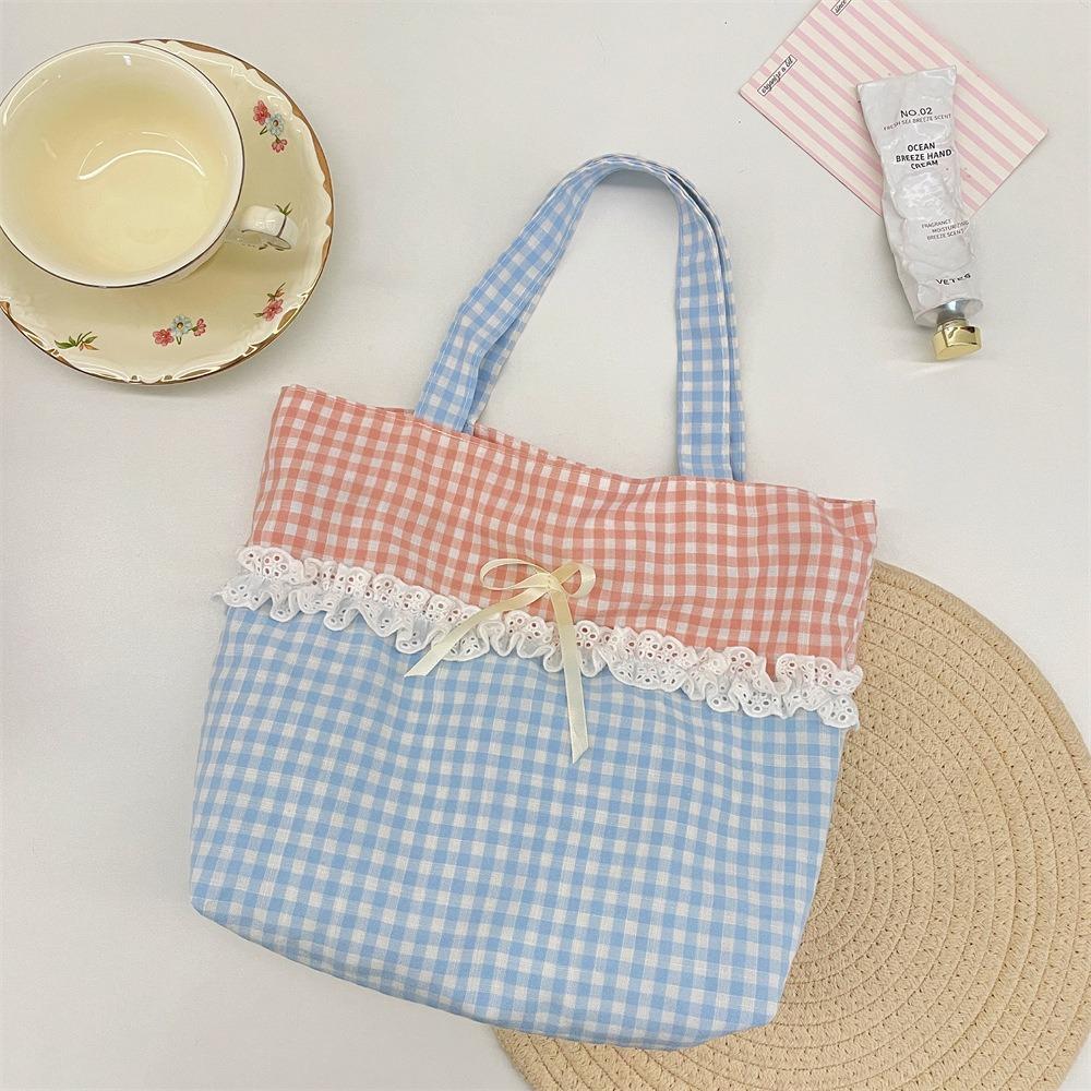 New Canvas Material Splice Lace Handbag Large Capacity Lightweight Tote Bag Splice Lace Design Canvas Lunch Bag Commute