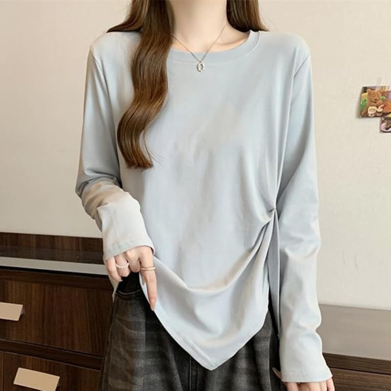 [ODFMCE] t-shirt ladies long sleeve spring cotton Plain color Fashionable Beautiful Relaxing big size is (JP, alphabet, XL, blue)